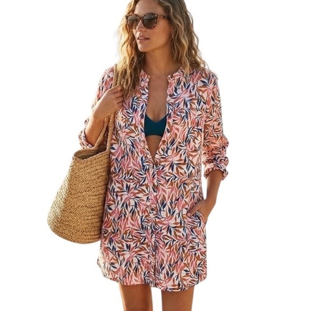 Lands End Womens 100% Linen Leaf Print Tunic Shirt/Dress Cover Up Travel L 14-16